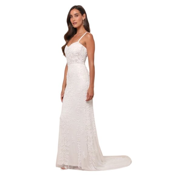 Lulus White Beaded Mermaid Wedding Dress with Sequins NWT Size Large - Picture 1 of 12